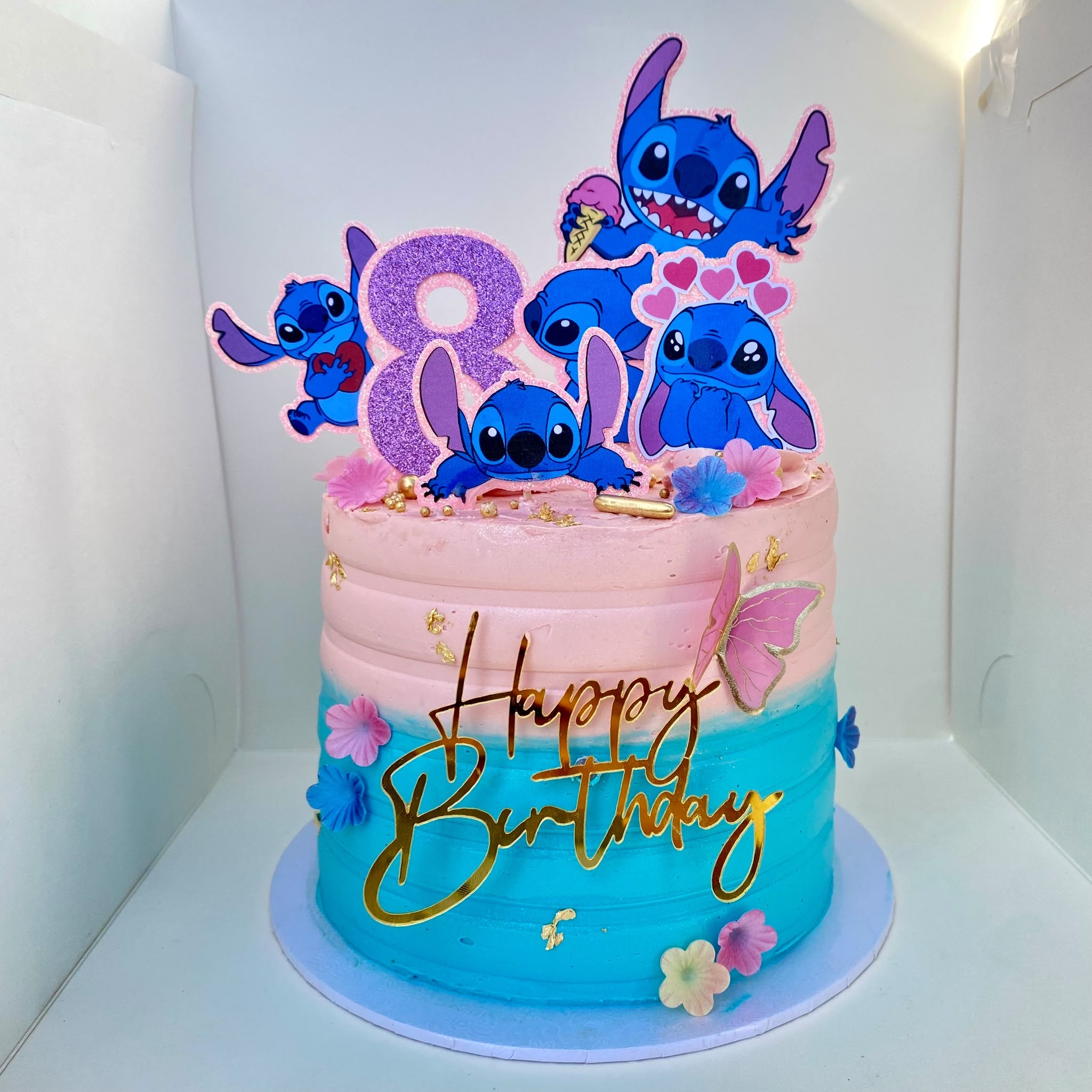 Stitch themed birthday cake with pink and blue ombre