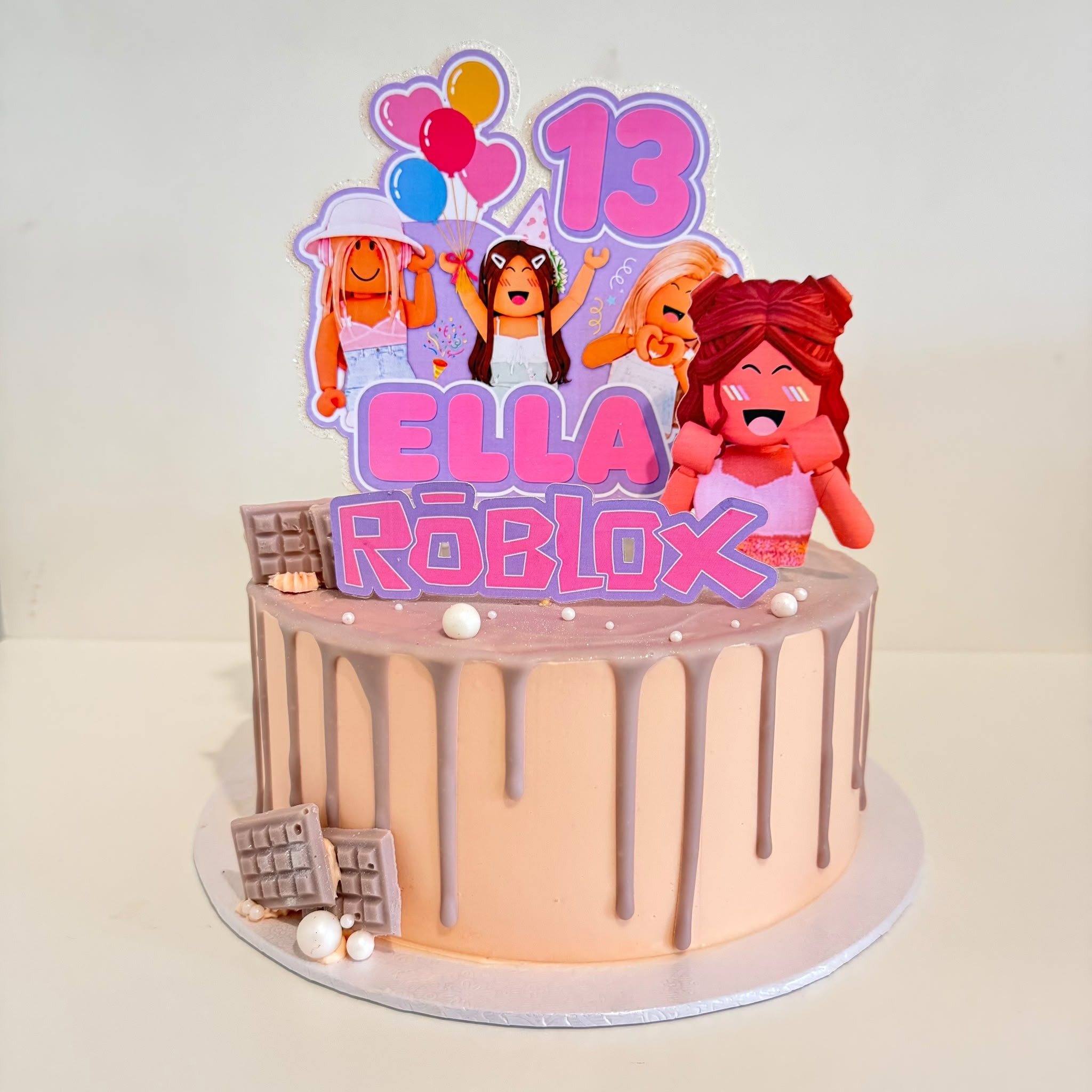 Roblox themed 13th birthday chocolate drip cake