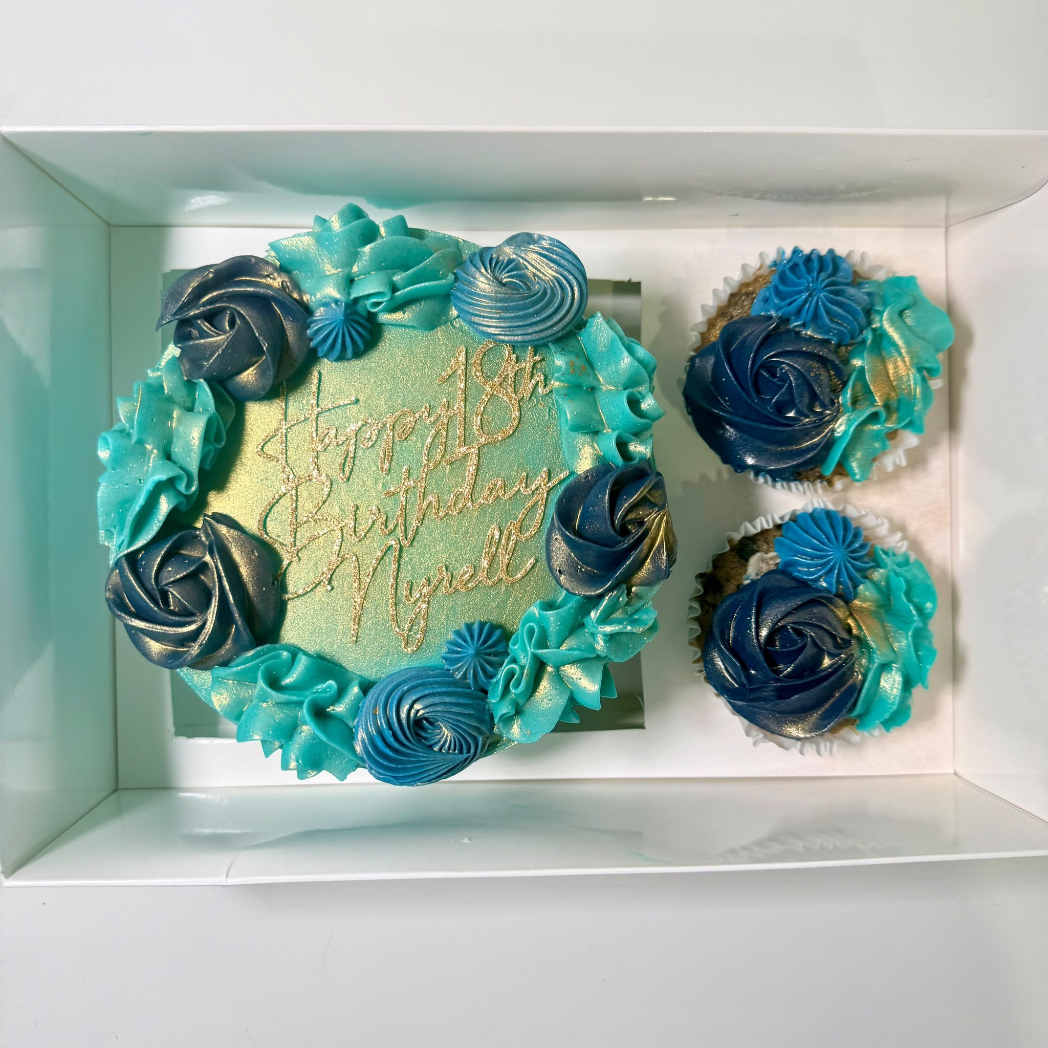 Happy 18th Birthday teal and gold bento cake with matching cupcakes
